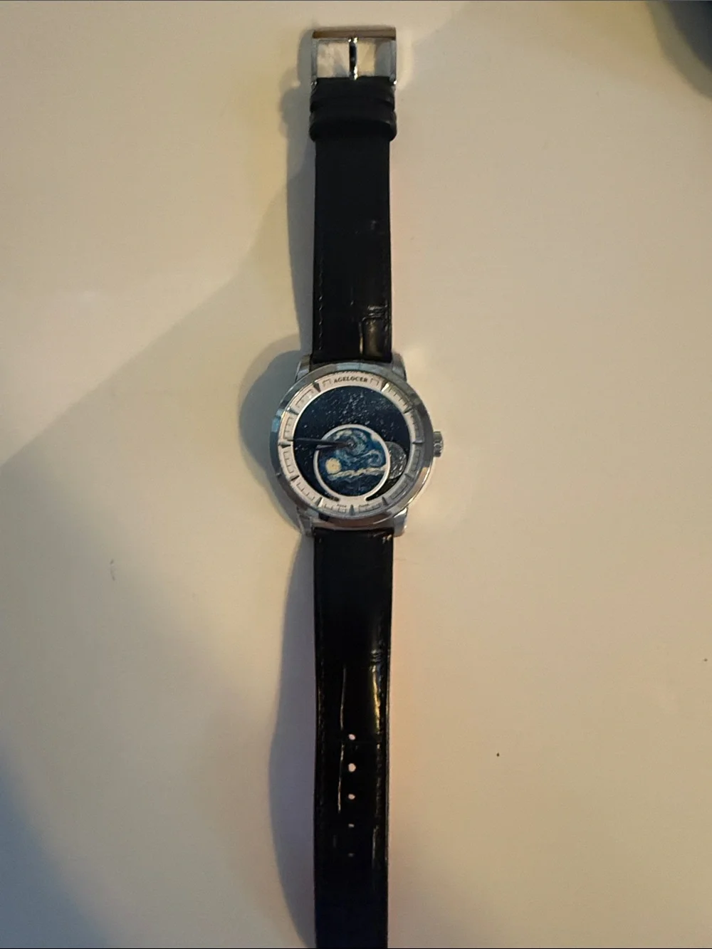 Agelocer Van Gogh moon watch automatic with leather strap exhibition back